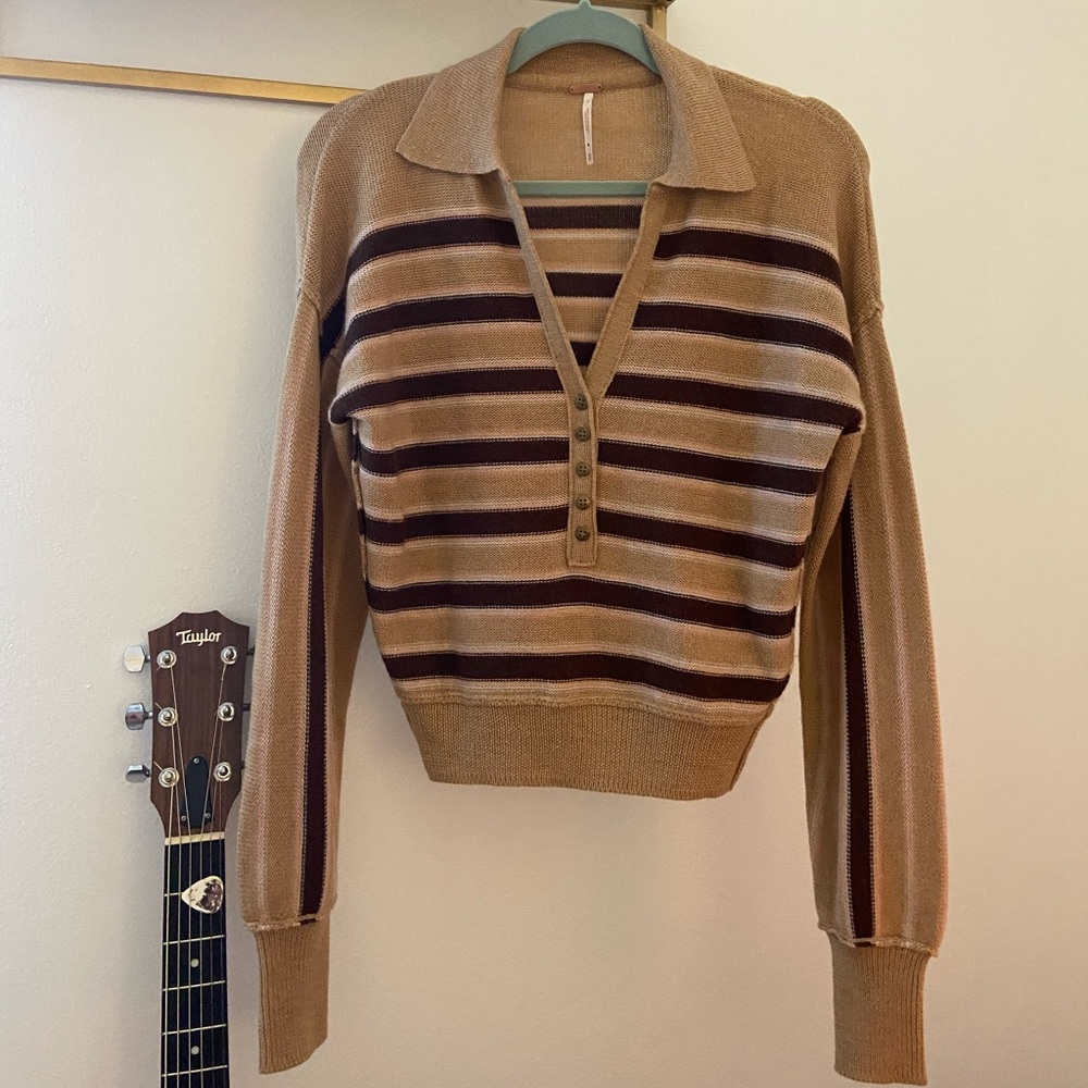 Free People LS 70s Collared Sweater Top